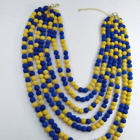 Royal Blue and Gold 7-Strand Lava Bead Necklace - Picture 2 of 2